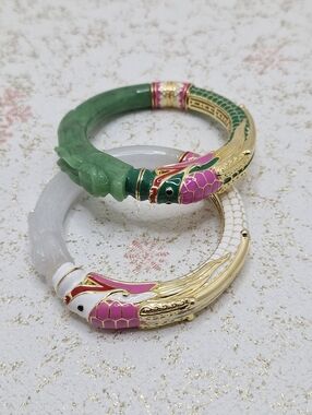 Lot of 2 Jade Dragon Phoenix Bangle Bracelets Green White 925 Silver New